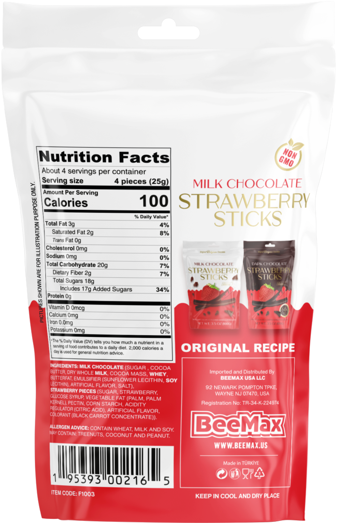 Milk Chocolate Strawberry Sticks 3.5 Oz. Bag